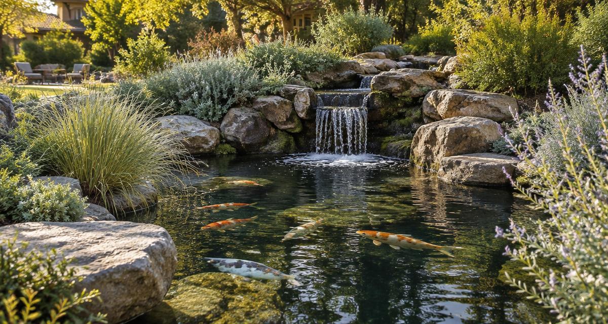 A natural koi pond with waterfall surrounded by Central Coast native plants